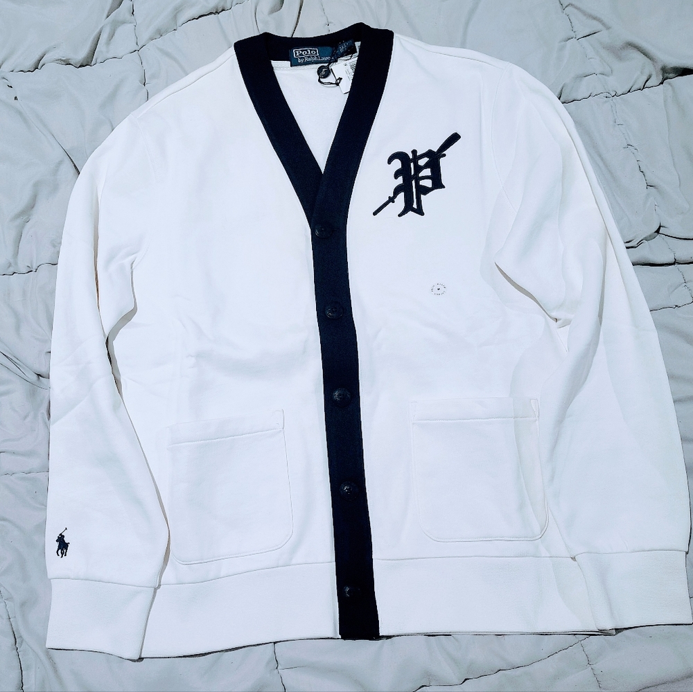 Polo Ralph Lauren White Navy Cardigan Crest Logo Medium NWT